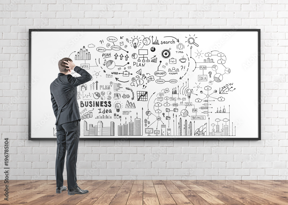 Confused businessman, rear view, business plan Confused businessman, rear view, business plan