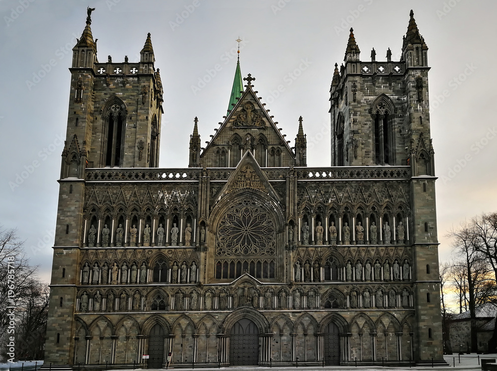 Fototapeta premium Nidarosdomen, Nidaros Cathedral in Trondheim, Norway (winter time)