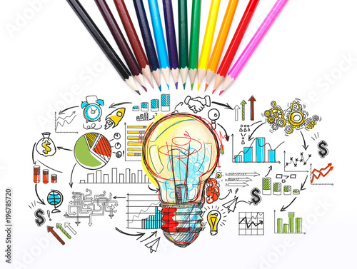 Colorful light bulb and business idea, pencils