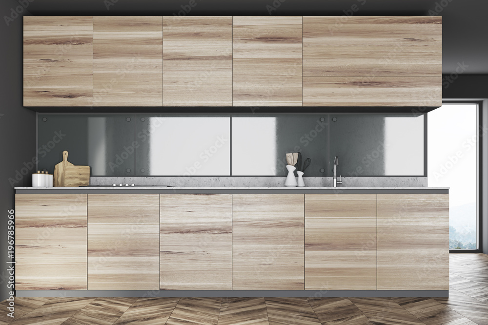 Gray kitchen interior, wooden counters Gray kitchen interior, wooden counters