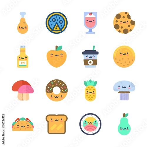 icon Food with pineapple, sushi, peach, coffee cup and mushroom