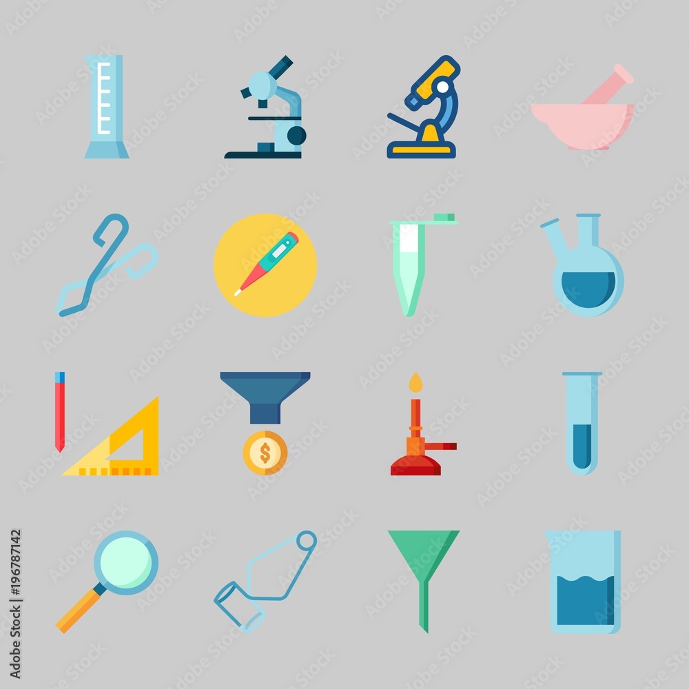 Icons about Laboratory with flask, separator funnel, measuring, dropping liquid, thermometer and lab Icons about Laboratory with flask, separator funnel, measuring, dropping liquid, thermometer and lab