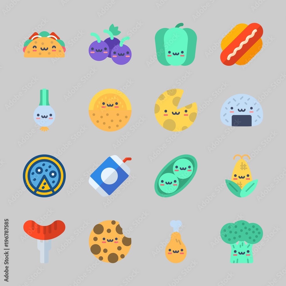 Fototapeta premium Icons about Food with grapes, taco, soda, pizza, cheese and chicken leg