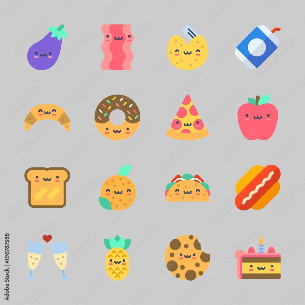 Icons about Food with toast, cookie, hot dog, fortune cookie, donut and eggplant