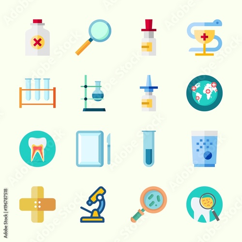 Icons about Medical with nasal spray, flask, tablets, pill, medicine and worldwide