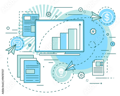 Concept of business ideas, revenue growth analytics, presentation. Profit analysis, securities, investments. Linear art style. Vector illustration.