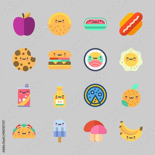Icons about Food with mushroom, orange, hot dog, mustard, cookie and watermelon