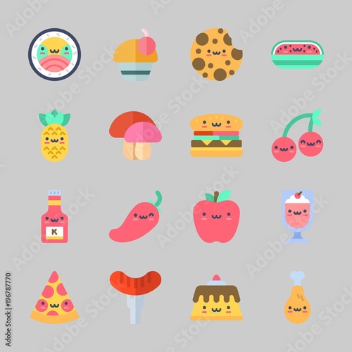 Icons about Food with apple, milkshake, chili pepper, hot dog, pudding and pizza