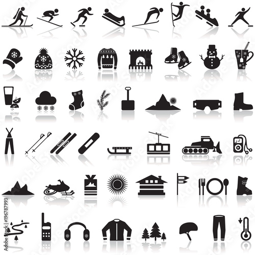 Ski, snow, winter sports and leisure activity icon set