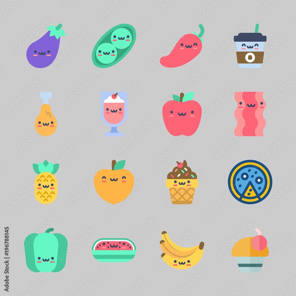 Icons about Food with pineapple, milkshake, bell pepper, bananas, chili pepper and watermelon