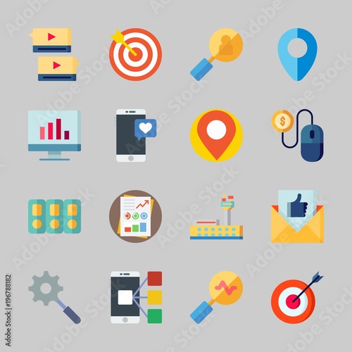 Icons about Seo with placeholder, folder, pay per click, search, location and stats