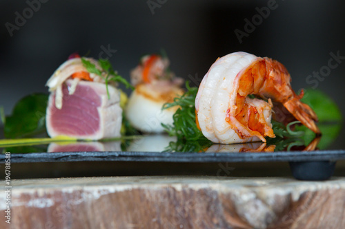 Seafood plate, macro image with reflexion