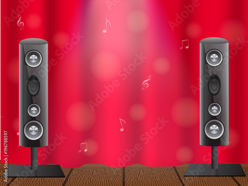 Vector illustration of a concept of karaoke, concert or festival. Musical column on stage and closed curtain.
