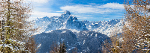 Panoramic image of the Dolomiti peaks in the beautiful Winter time of the year, seen from Mont’Elmo, San Candido, Italy