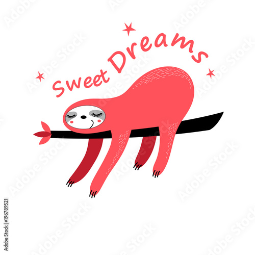 Vector funny cartoon sloth sleeping on a tree.