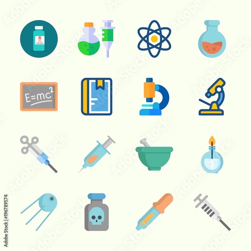 Icons about Science with notebook, pipiette, burner, physics, syringe and blackboard