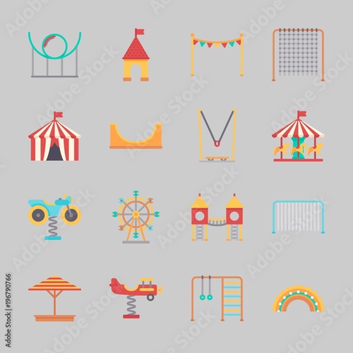 Icons about Amusement Park with horse carousel, skater, climb , amusement park, roller coaster and game zone