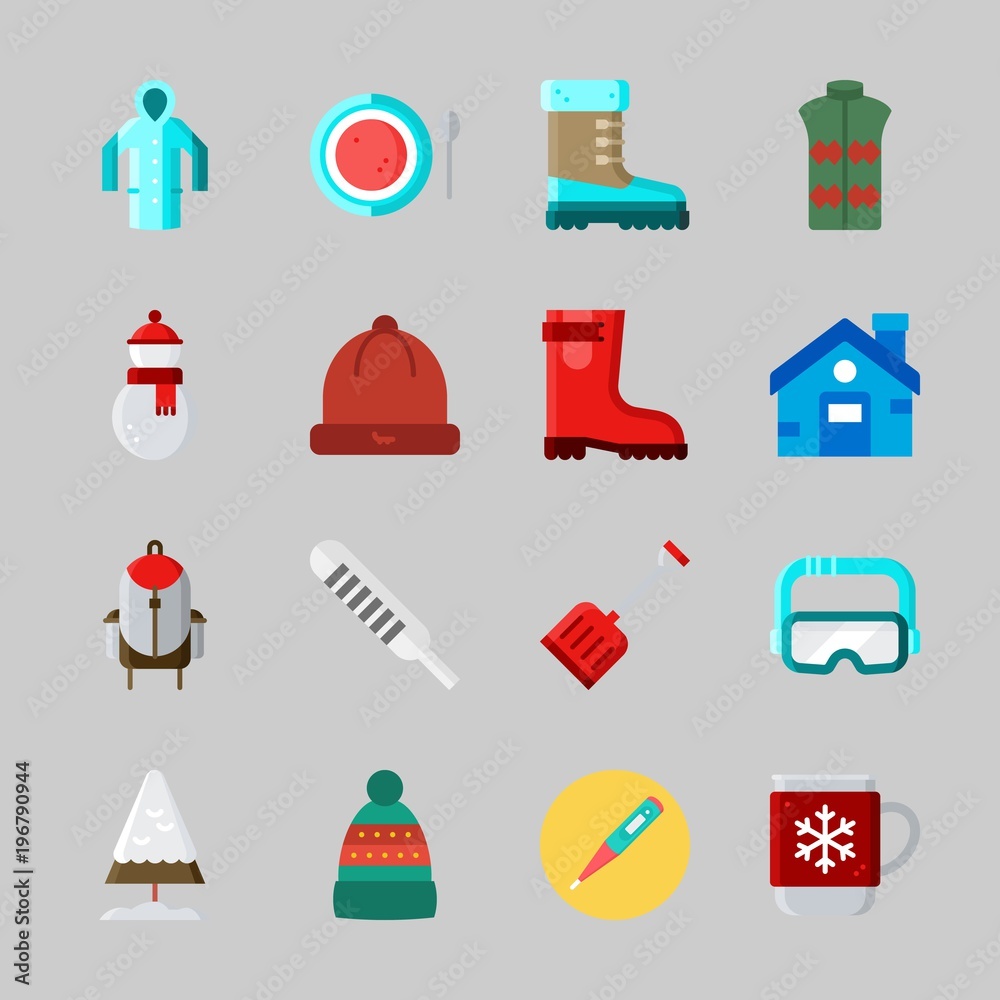Icons about Winter with vest, shovel, boot, winter hat, house and rain coat Icons about Winter with vest, shovel, boot, winter hat, house and rain coat