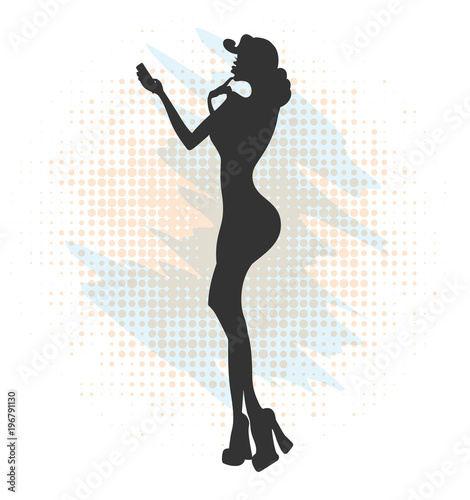 Glamorous lady in red dress and red shoes makes selfie