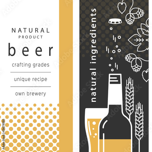 Beer bottle and a glass with a drink. Vector linear icons with traditional ingredients of brewing. Hop, wheat. Illustration for the brewery, restaurant, pub, menu, label, brochure, booklet. 