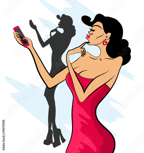 Glamorous lady in red dress and red shoes makes selfie