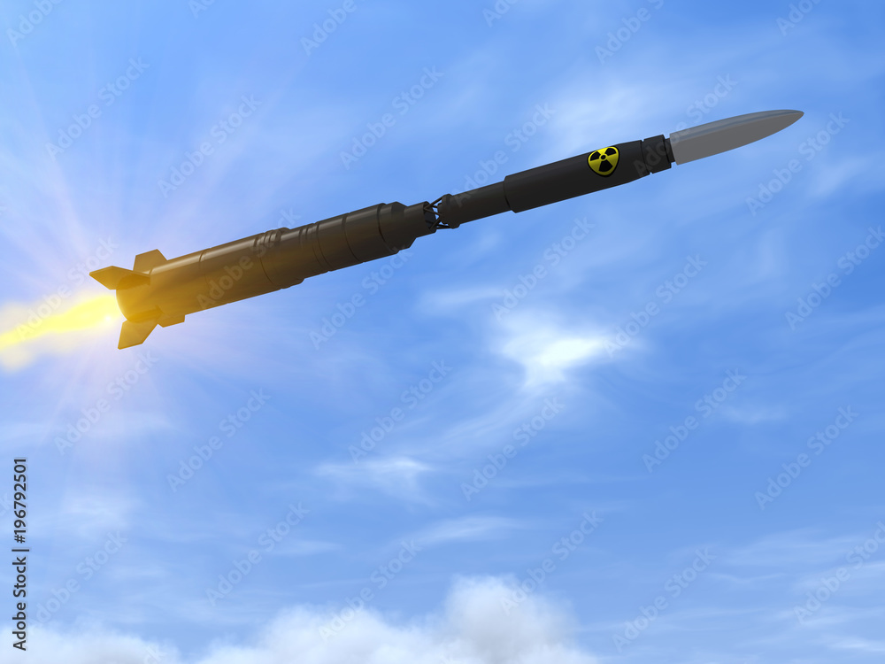 The newest Russian ballistic missile with a nuclear warhead is flying. Putin's presentation of the latest developments in Russian military equipment. 3D rendering The newest Russian ballistic missile with a nuclear warhead is flying. Putin's presentation of the latest developments in Russian military equipment. 3D rendering