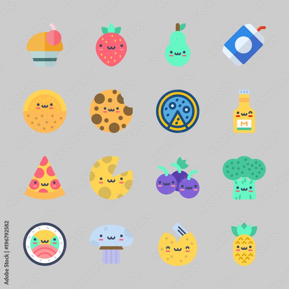 Icons about Food with cupcake, fortune cookie, cookie, pineapple, melon and pear