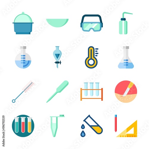 icon Laboratory with thermometer, funnel, dropper, measuring and test tubes