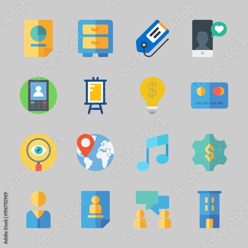 Icons about Business with curriculum, search, location, idea, cabinet and building