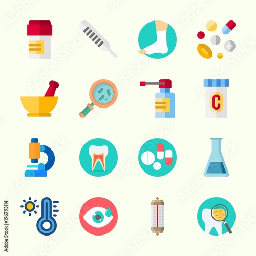 Icons about Medical with tooth, pill, mortar, pills, medicine and microscope