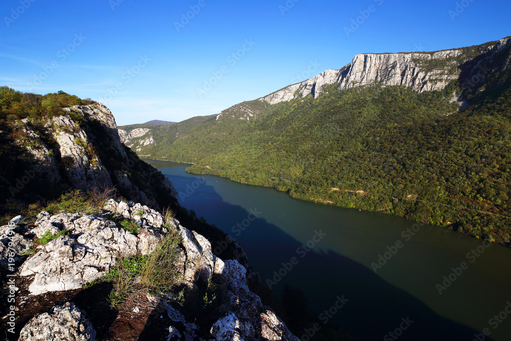 The Danube river flowing through the mountains, Romania, Europe