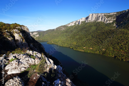The Danube river flowing through the mountains  Romania  Europe