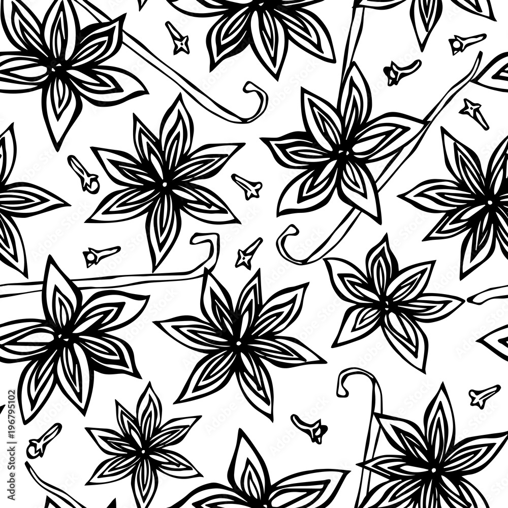 Anise Star Seed, Cloves and Vanilla Pod Seamless Endless Pattern. Seasonal Food Background. Spice and Flavor Mulled Wine Cocktail Cooking or Aromatherapy. Hand Drawn Illustration Savoyar Doodle Style. Anise Star Seed, Cloves and Vanilla Pod Seamless Endless Pattern. Seasonal Food Background. Spice and Flavor Mulled Wine Cocktail Cooking or Aromatherapy. Hand Drawn Illustration Savoyar Doodle Style.