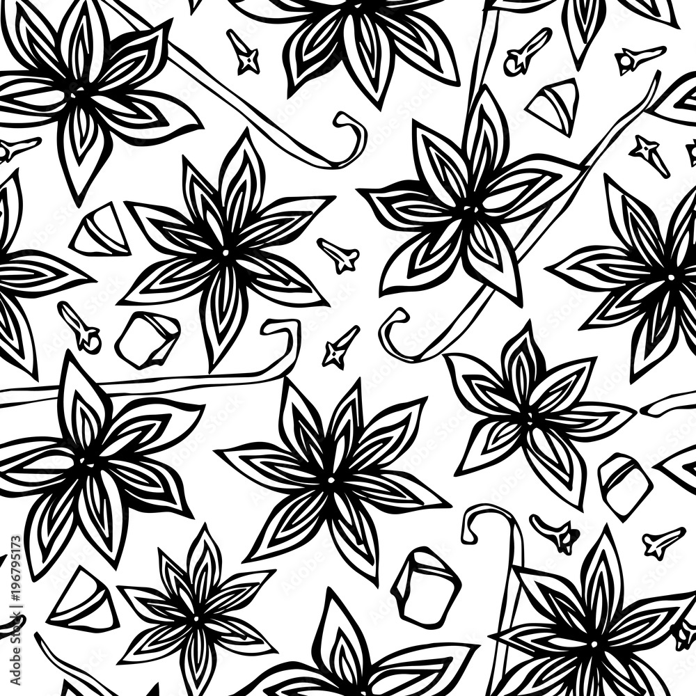 Anise Star Seed, Cloves and Vanilla Pod, Slices of Pear, Pieces of Diced Apple Seamless Endless Pattern. Spice Background. Seasoning, Mulled Wine Cocktail Hand Drawn Illustration Savoyar Doodle Style. Anise Star Seed, Cloves and Vanilla Pod, Slices of Pear, Pieces of Diced Apple Seamless Endless Pattern. Spice Background. Seasoning, Mulled Wine Cocktail Hand Drawn Illustration Savoyar Doodle Style.
