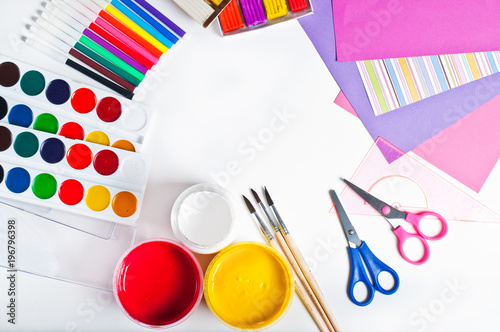stationery and tools, materials for creativity and drawing. White background, top view.