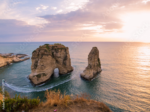 Magical sunset on Raouche, Pigeons' Rock. In Beirut, Lebanon