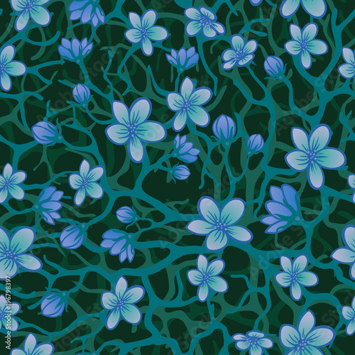 Vector seamless background with sakura blossoms  brunches and foliage. Eps outlined illustration in shades of blue.