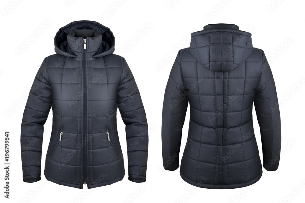 Navy blue down jacket with hood front and back isolated on white Stock
