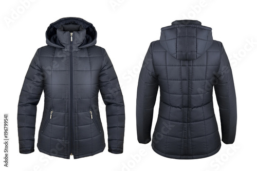 Navy blue down jacket with hood front and back isolated on white photo