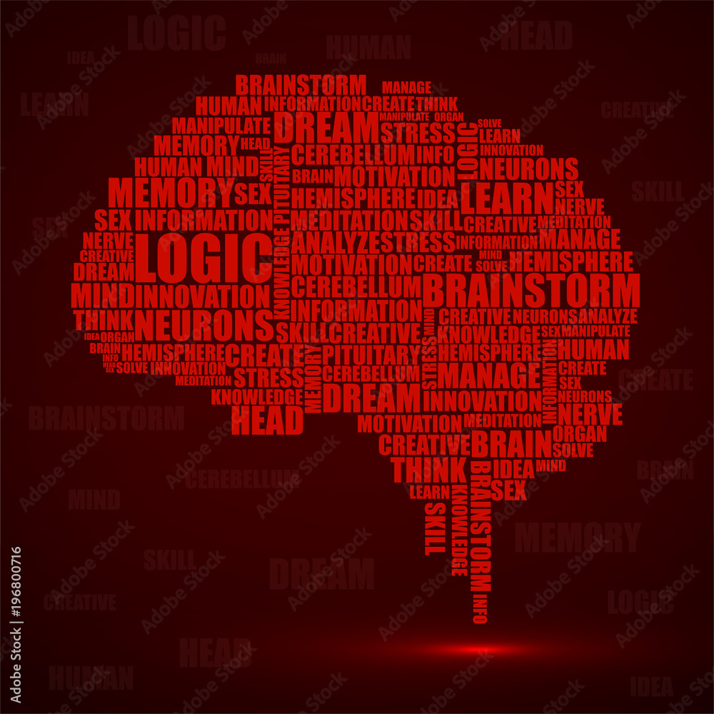 Abstract silhouette human brain of words