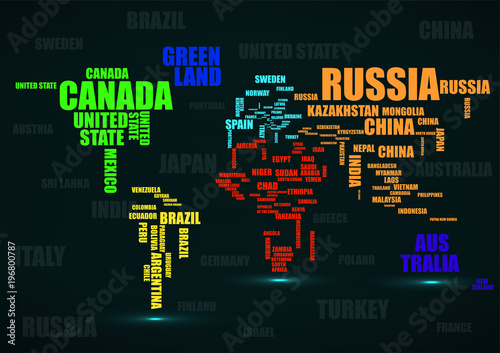 Typography colorful world map with country names. Vector