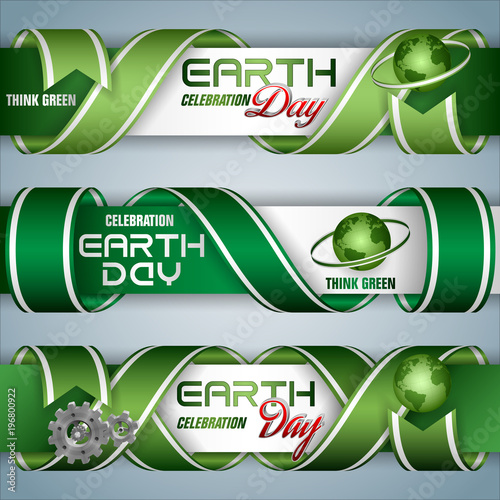 Set of banners background, design with texts, gear and green Earth globe for Earth day celebration; Vector illustration