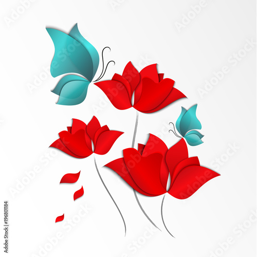 Paper-cut style red flowers and blue butterfliers on white background. 3D illustration, card, day, happy, spring, summer, bright, love, flora, design photo