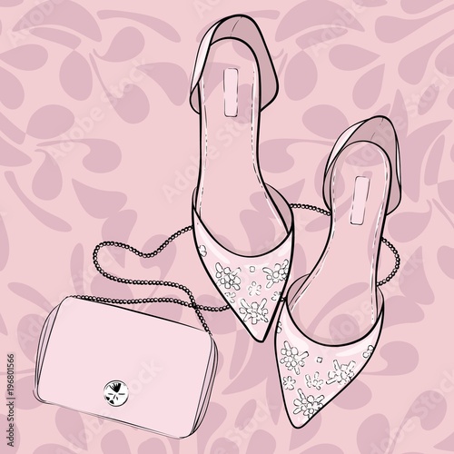 Elegant shoes, flats, sandals with a purse bag, fashion illustration. Summer, spring wedding, invitation cards and shop banner