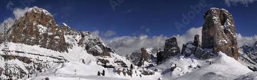 Scenic view of Tofana di Rozes and Cinque Torri in the Italian Dolomites. Cortina d'Ampezzo, Italy.