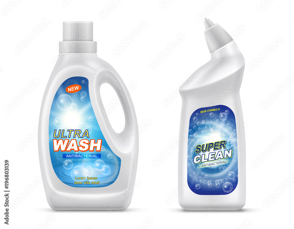 Naklejka Vector realistic set of two plastic white bottles with labels
