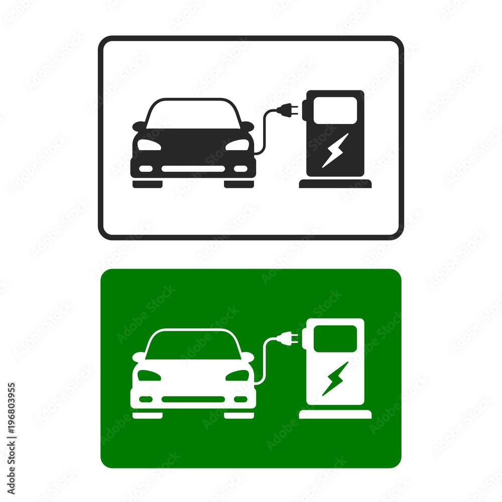 Obraz premium Electric Car Charging Station Road Sign template with set of icons. Vector isolated sign