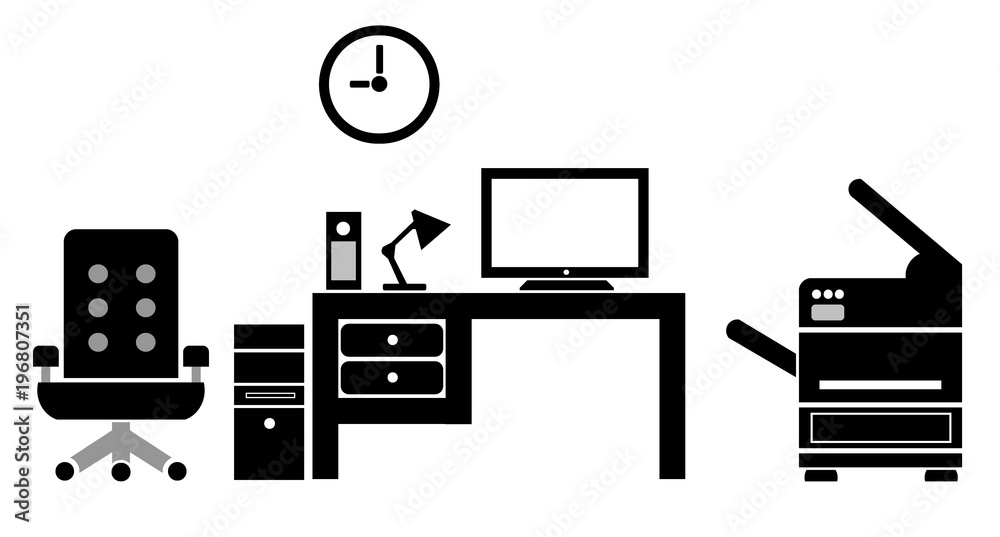 Bureau de travail : horloge, chaise, table, ordinateur et imprimante  