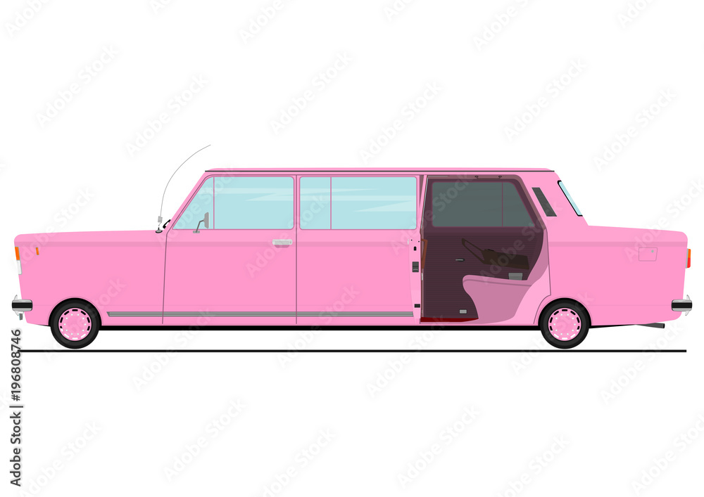 Cartoon stretch limo with open back door. Side view of saloon car for  wedding or business trip. Flat vector. Stock Vector | Adobe Stock