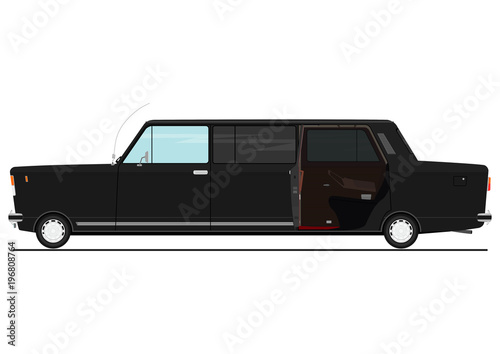 Cartoon stretch limo with open back door. Side view of saloon car for wedding or business trip. Flat vector.